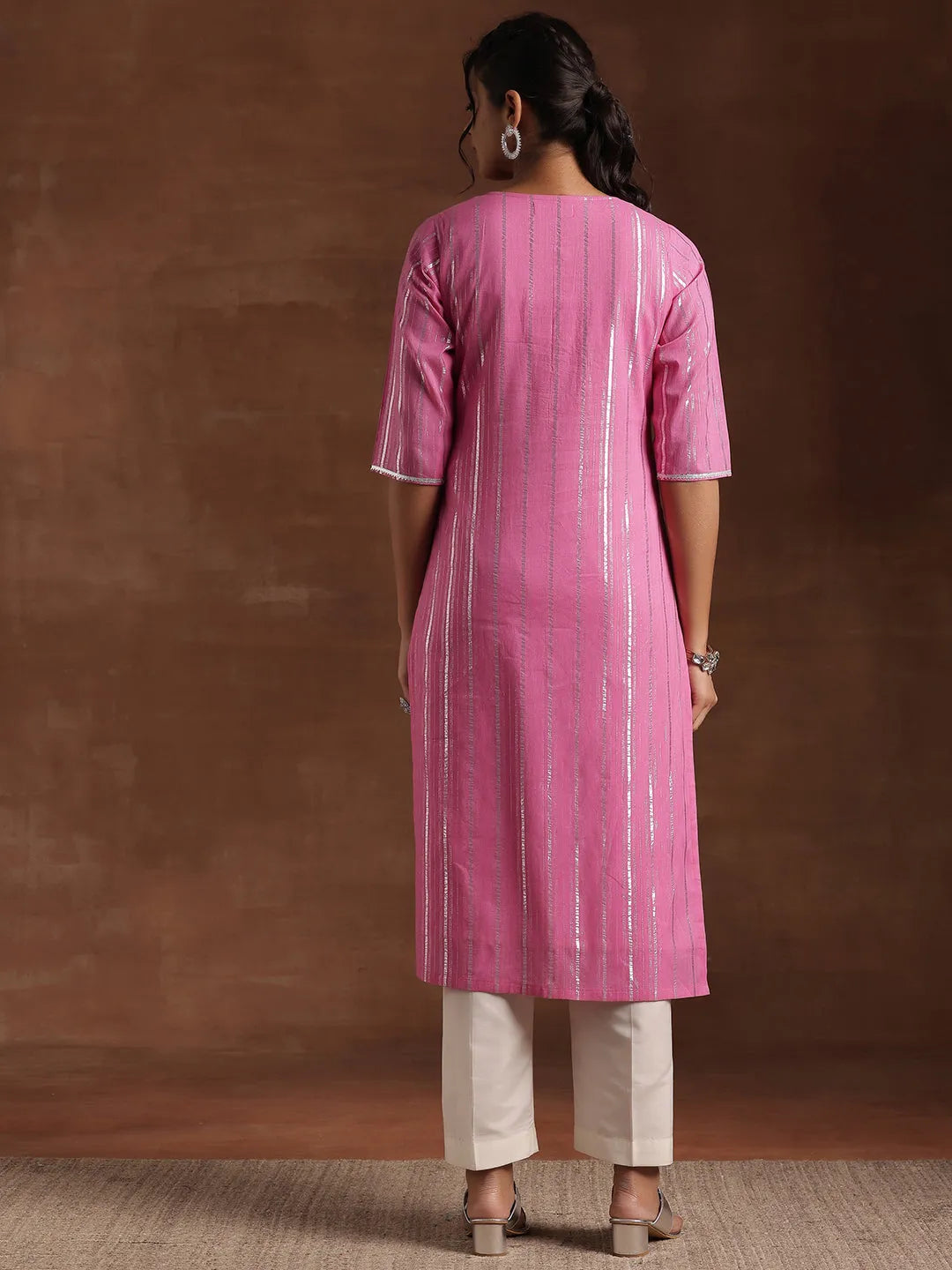  Pink Woven Design Cotton Straight Kurta 