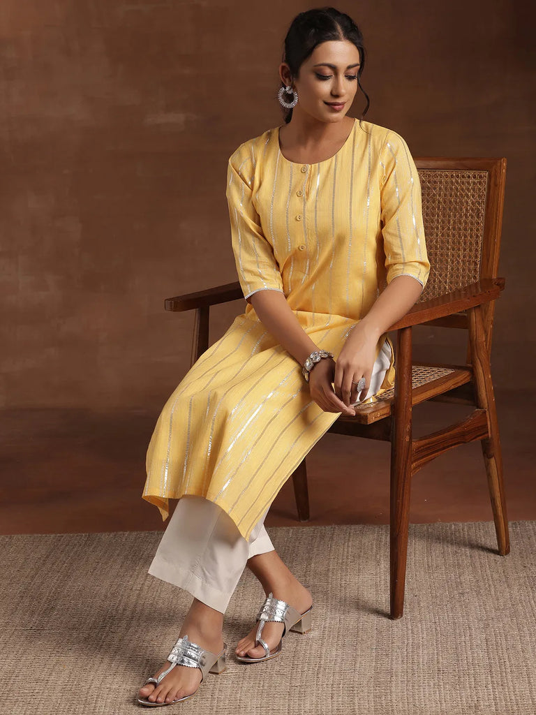 Libas Yellow Woven Design Cotton Straight Kurta