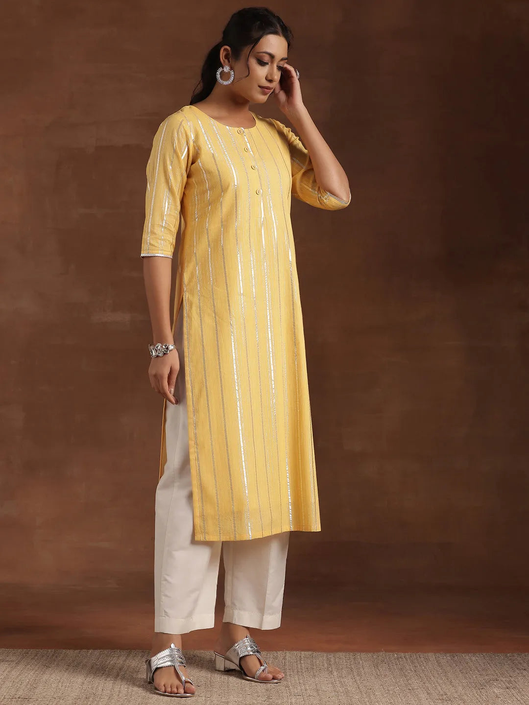  Yellow Woven Design Cotton Straight Kurta 