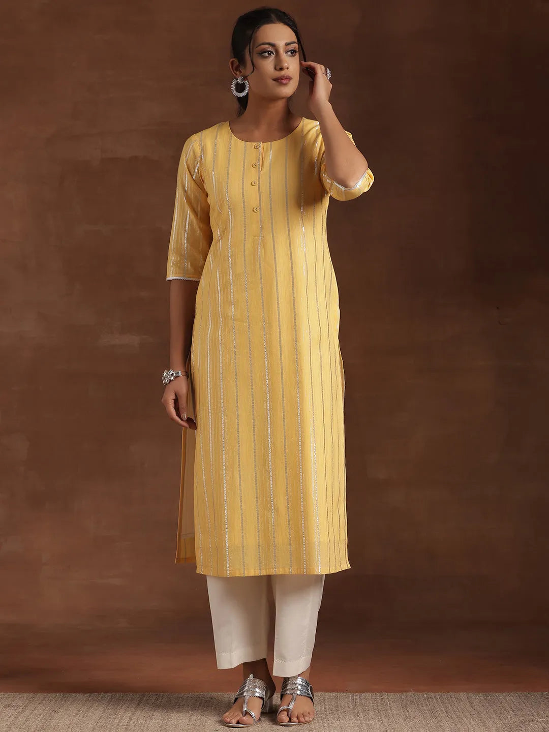  Yellow Woven Design Cotton Straight Kurta 