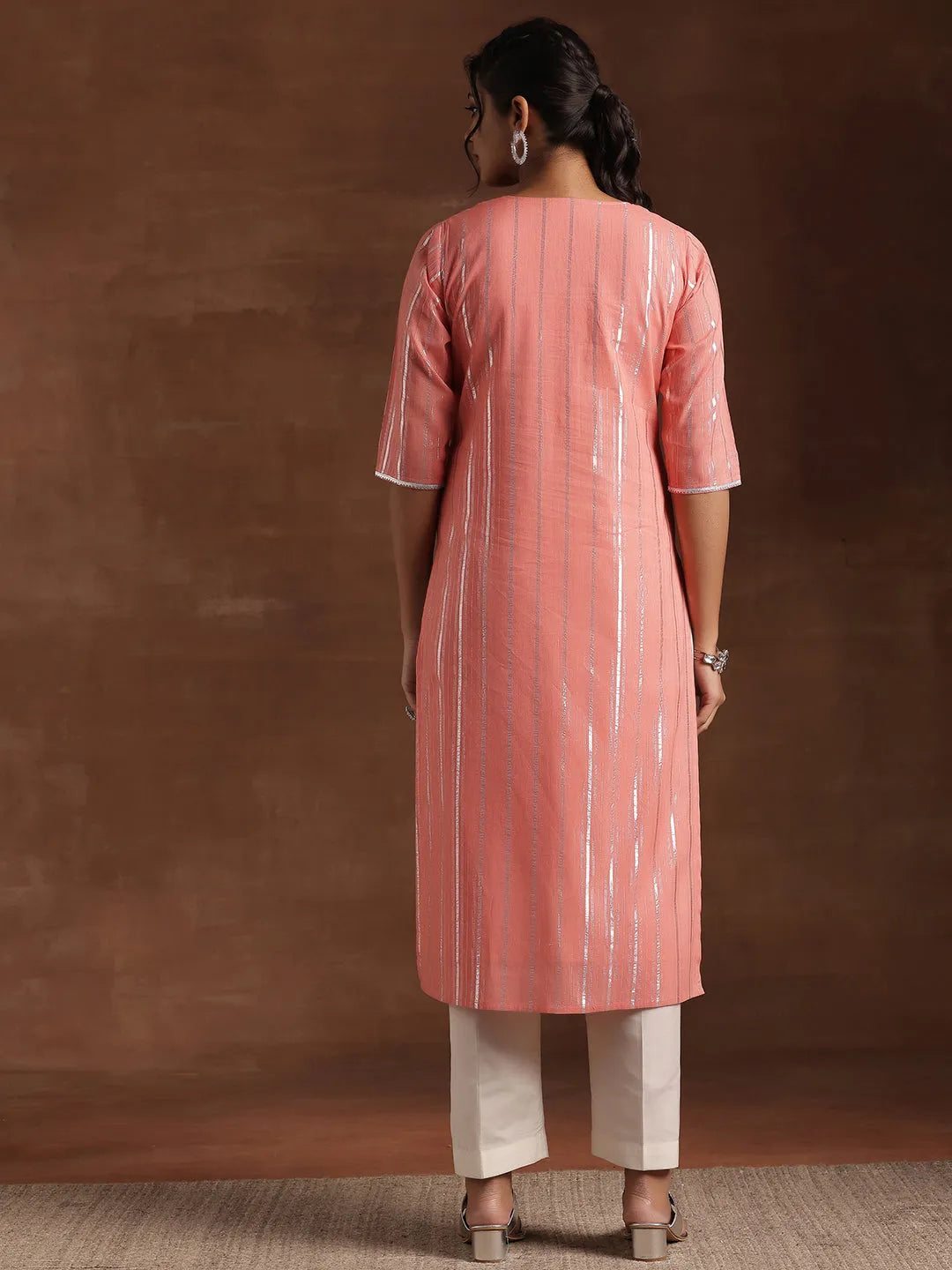  Peach Woven Design Cotton Straight Kurta 
