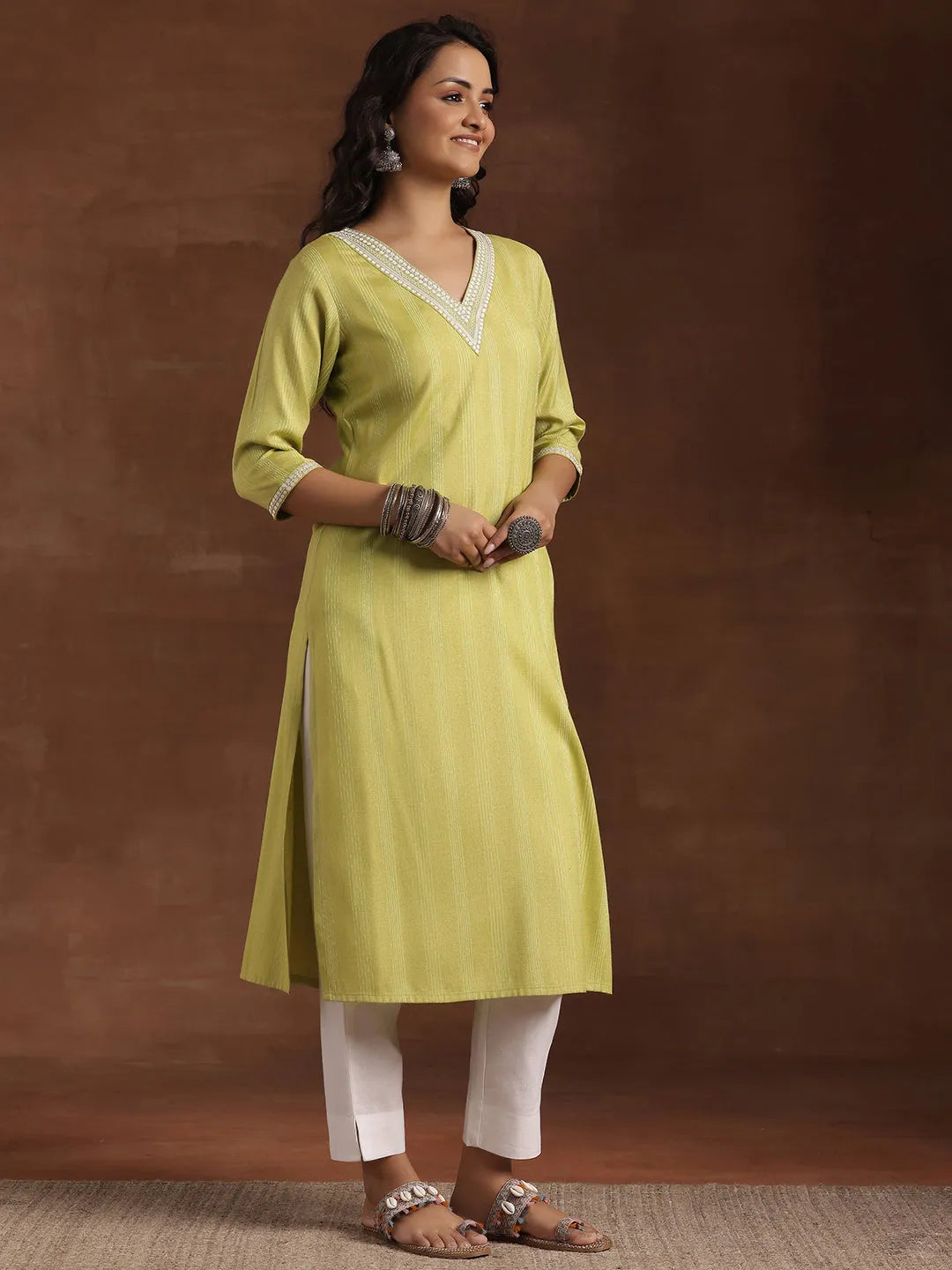  Lime Green Woven Design Cotton Straight Kurta 
