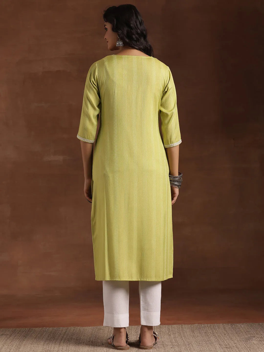  Lime Green Woven Design Cotton Straight Kurta 