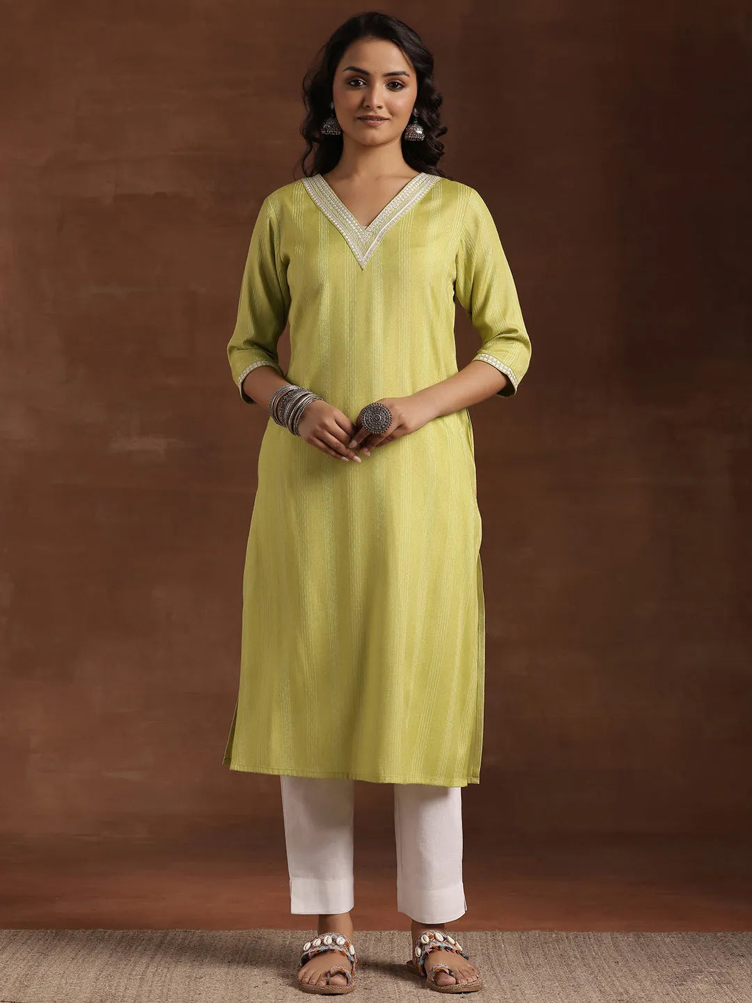  Lime Green Woven Design Cotton Straight Kurta 