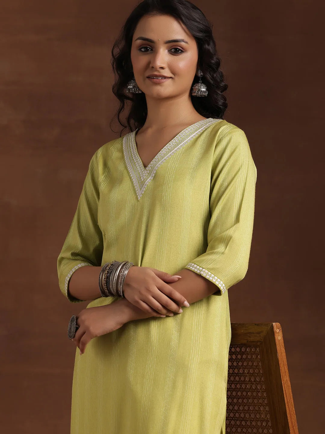  Lime Green Woven Design Cotton Straight Kurta 