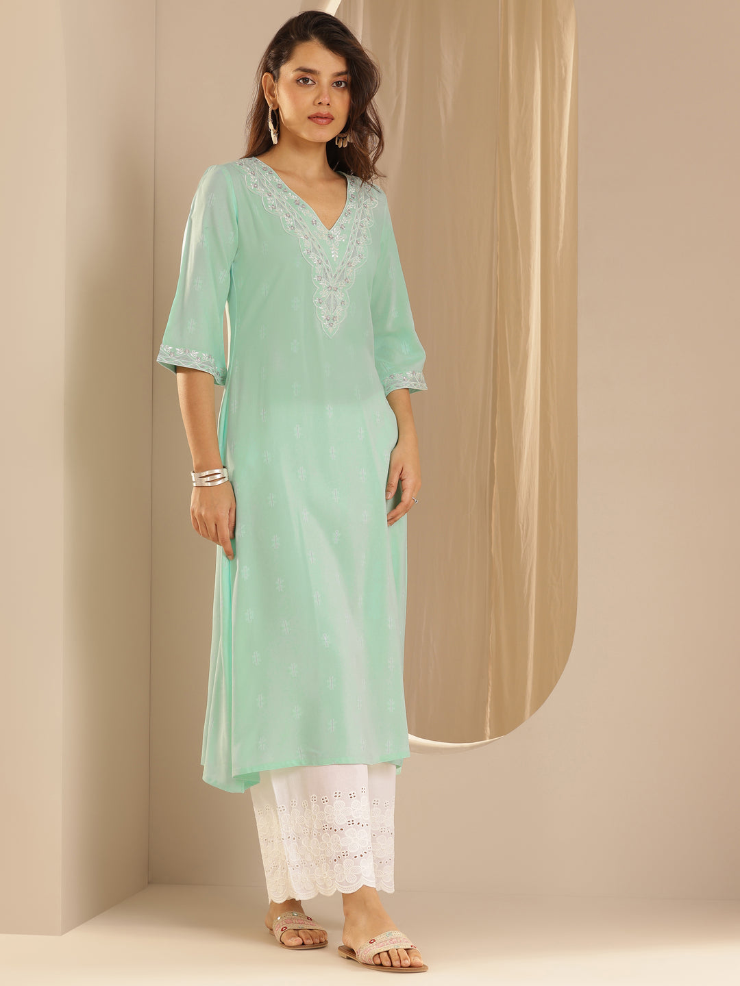  Blue Woven Design Rayon A-Line Kurta 