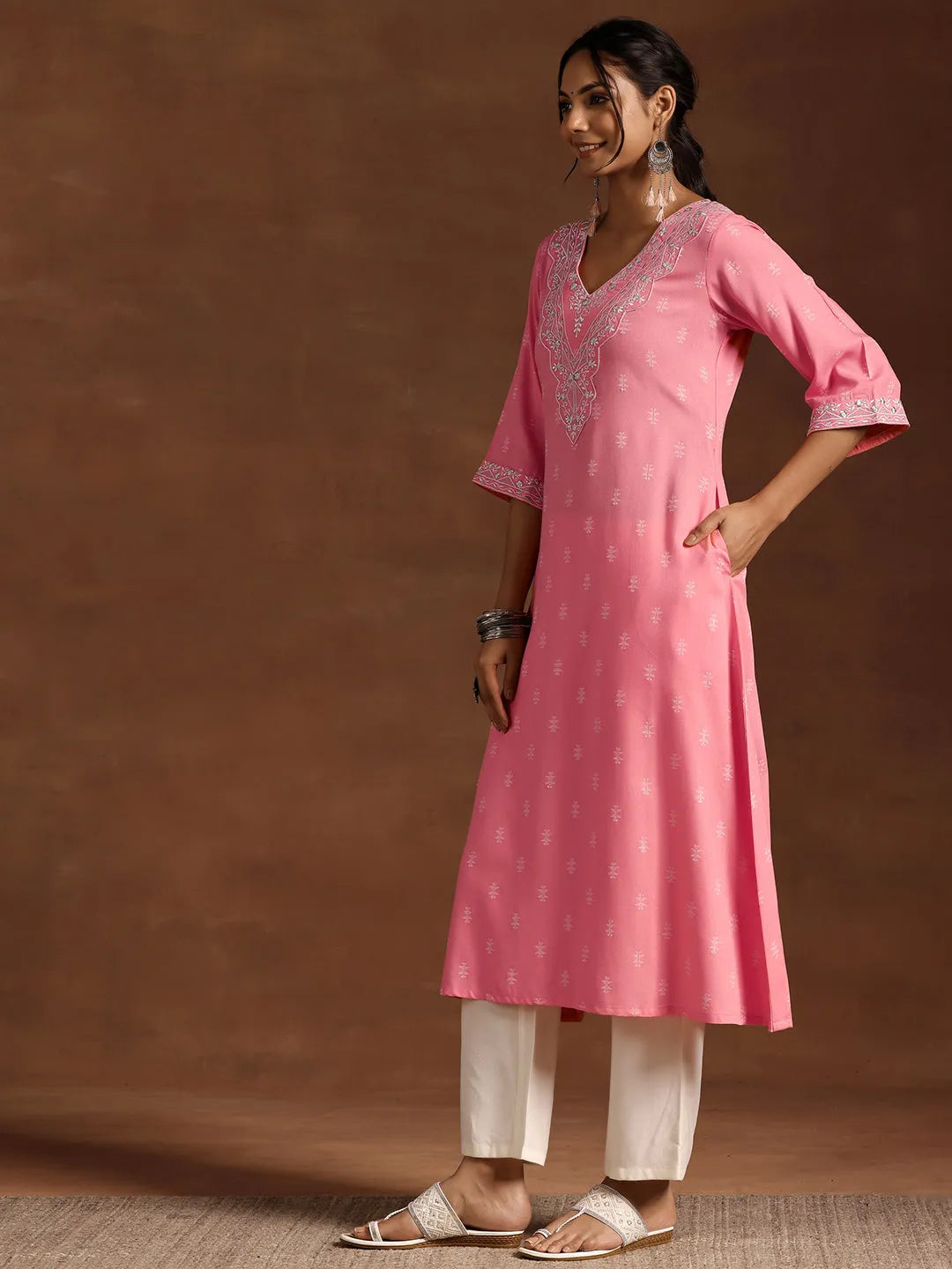  Pink Woven Design Rayon A-Line Kurta 