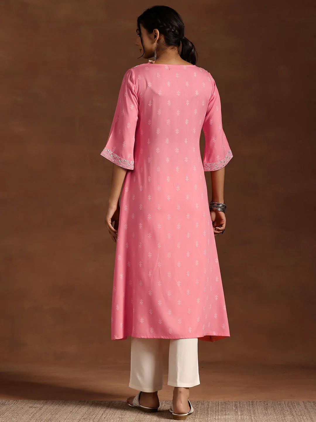  Pink Woven Design Rayon A-Line Kurta 