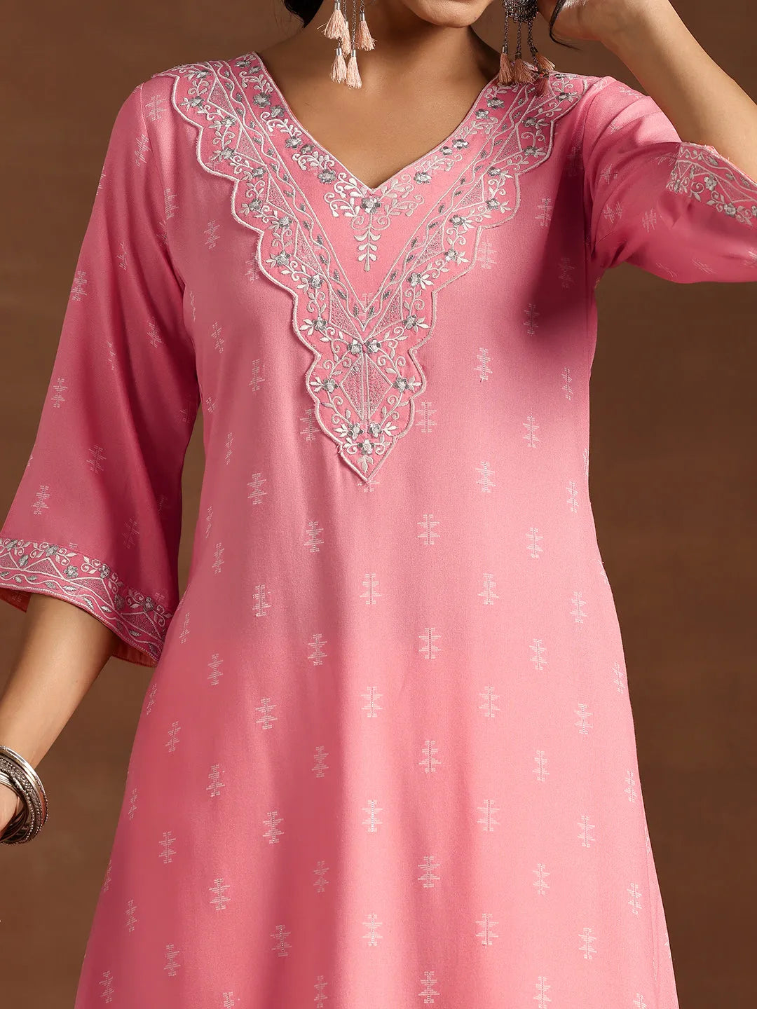  Pink Woven Design Rayon A-Line Kurta 