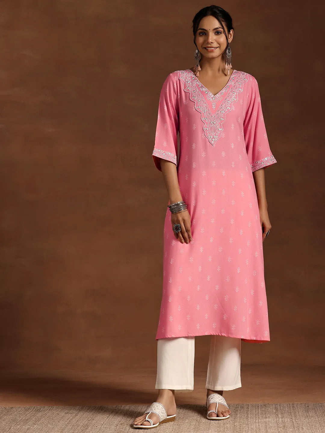  Pink Woven Design Rayon A-Line Kurta 