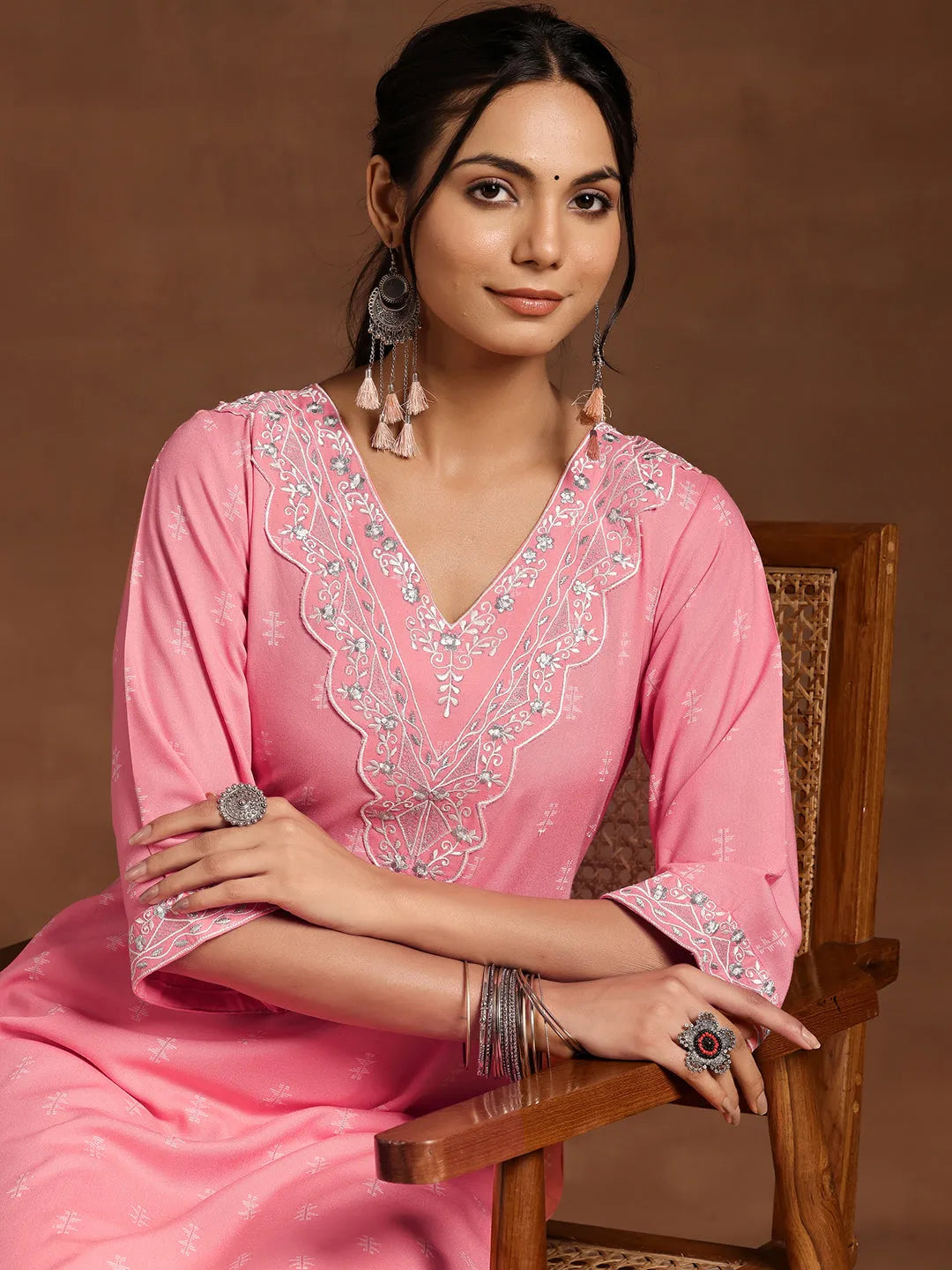  Pink Woven Design Rayon A-Line Kurta 