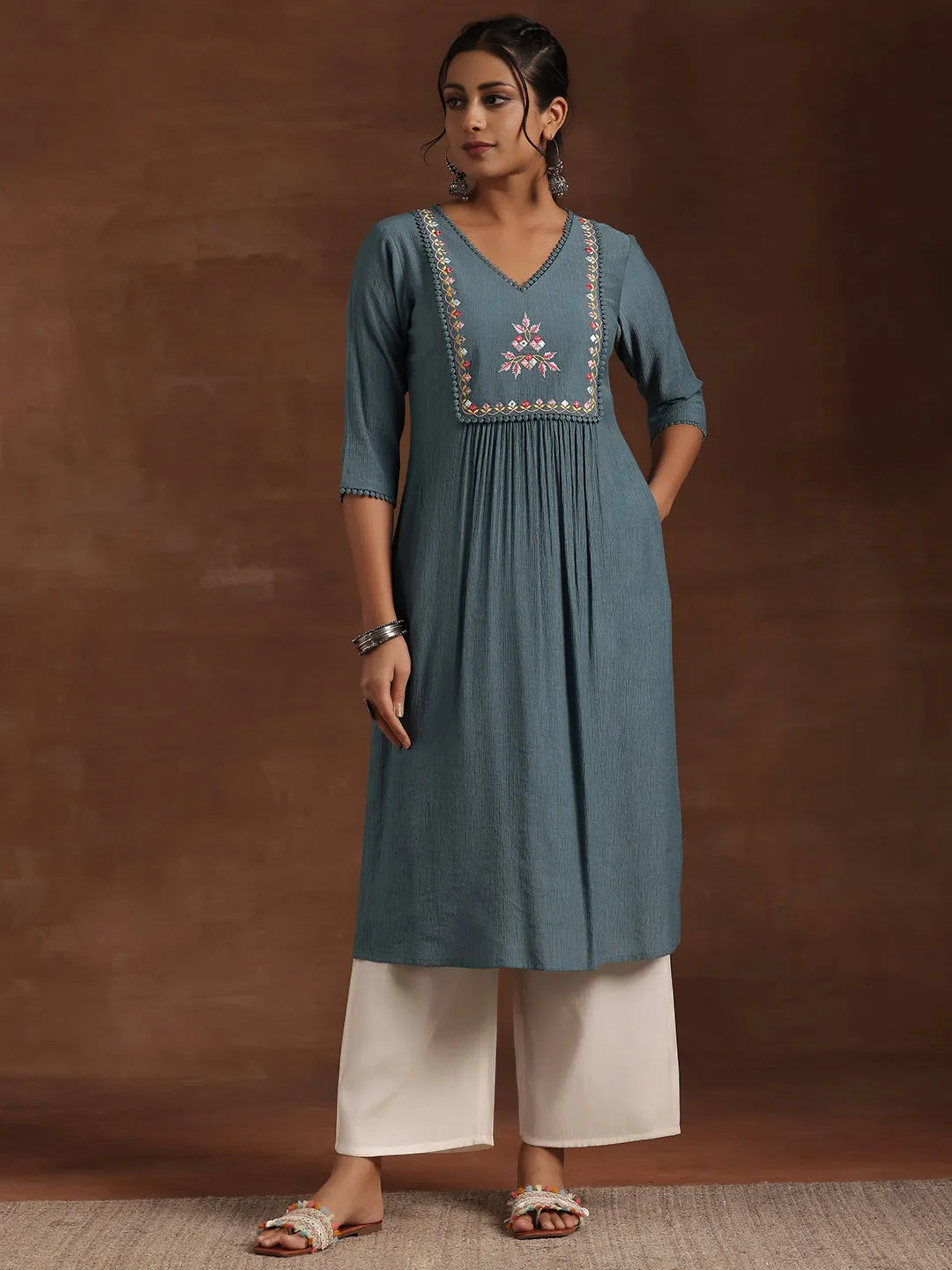  Blue Yoke Design Cotton Straight Kurta 