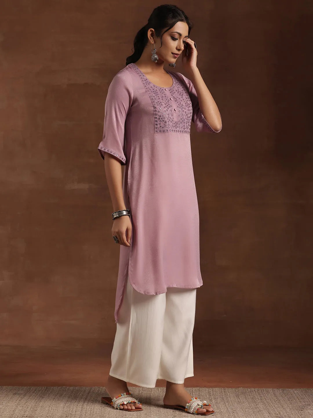  Lavender Yoke Design Polyester Straight Kurta 