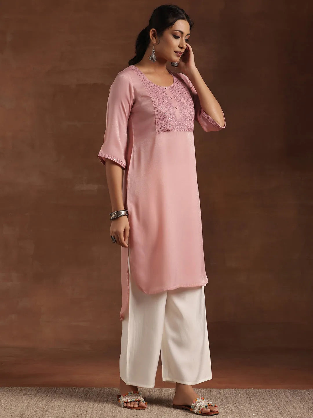 Peach Yoke Design Polyester Straight Kurta 