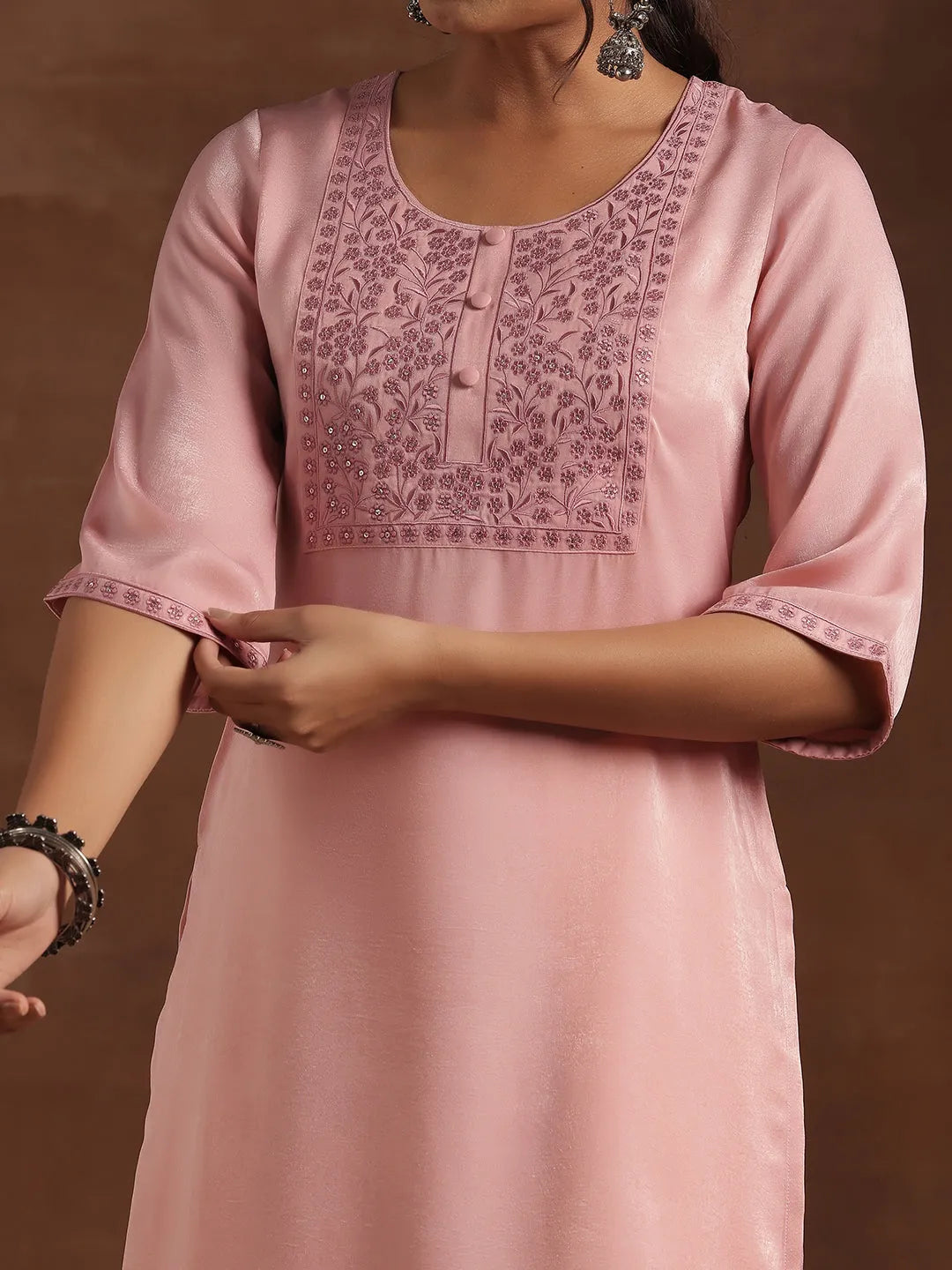  Peach Yoke Design Polyester Straight Kurta 