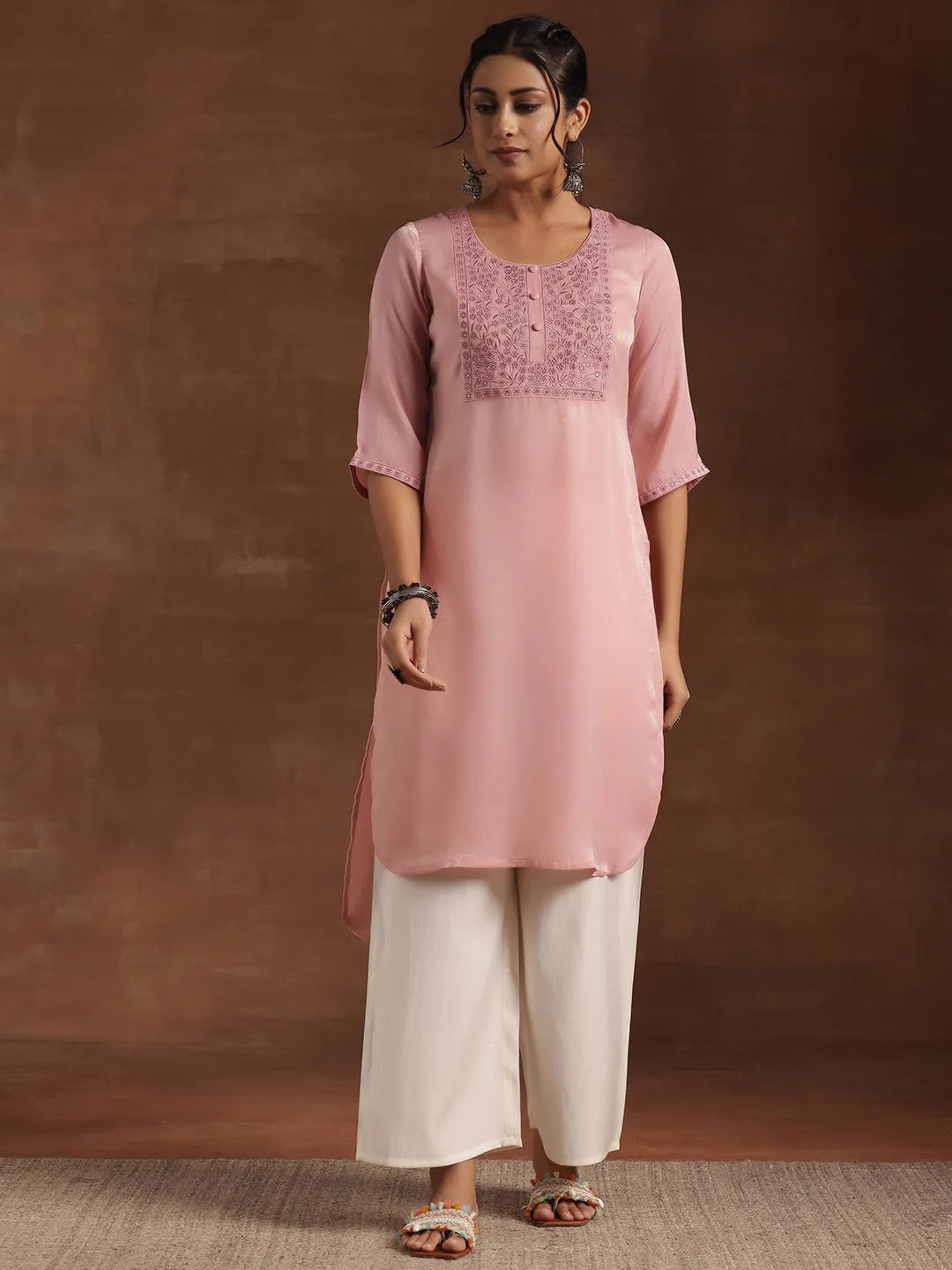  Peach Yoke Design Polyester Straight Kurta 