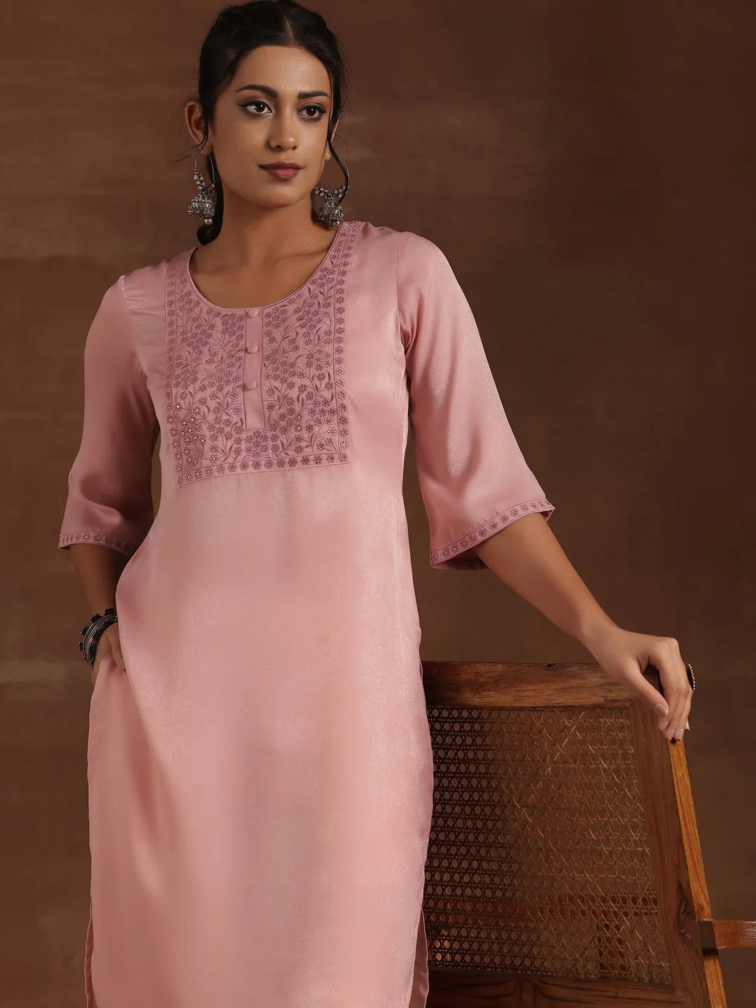  Peach Yoke Design Polyester Straight Kurta 
