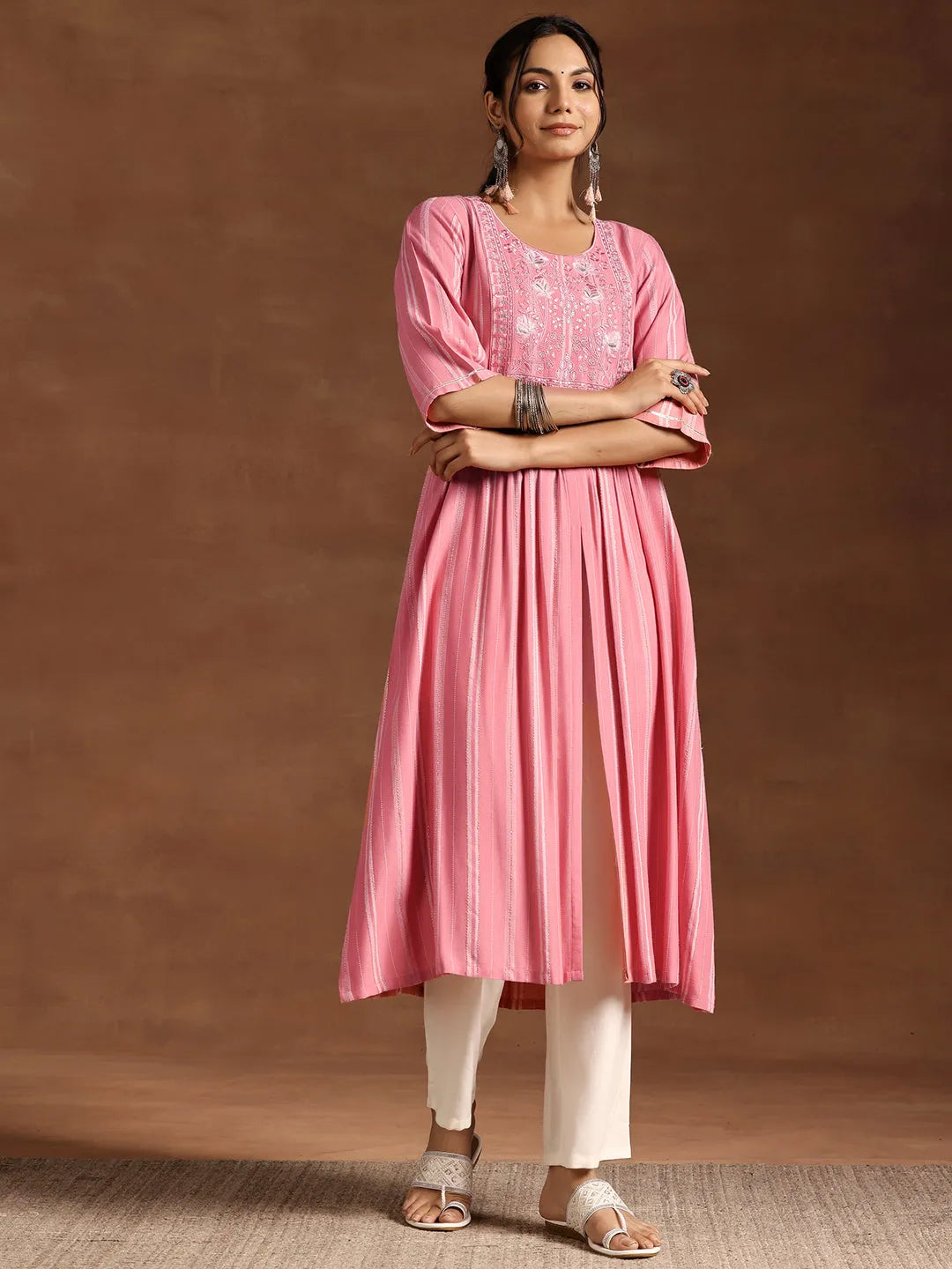  Peach Woven Design Rayon A-Line Kurta 