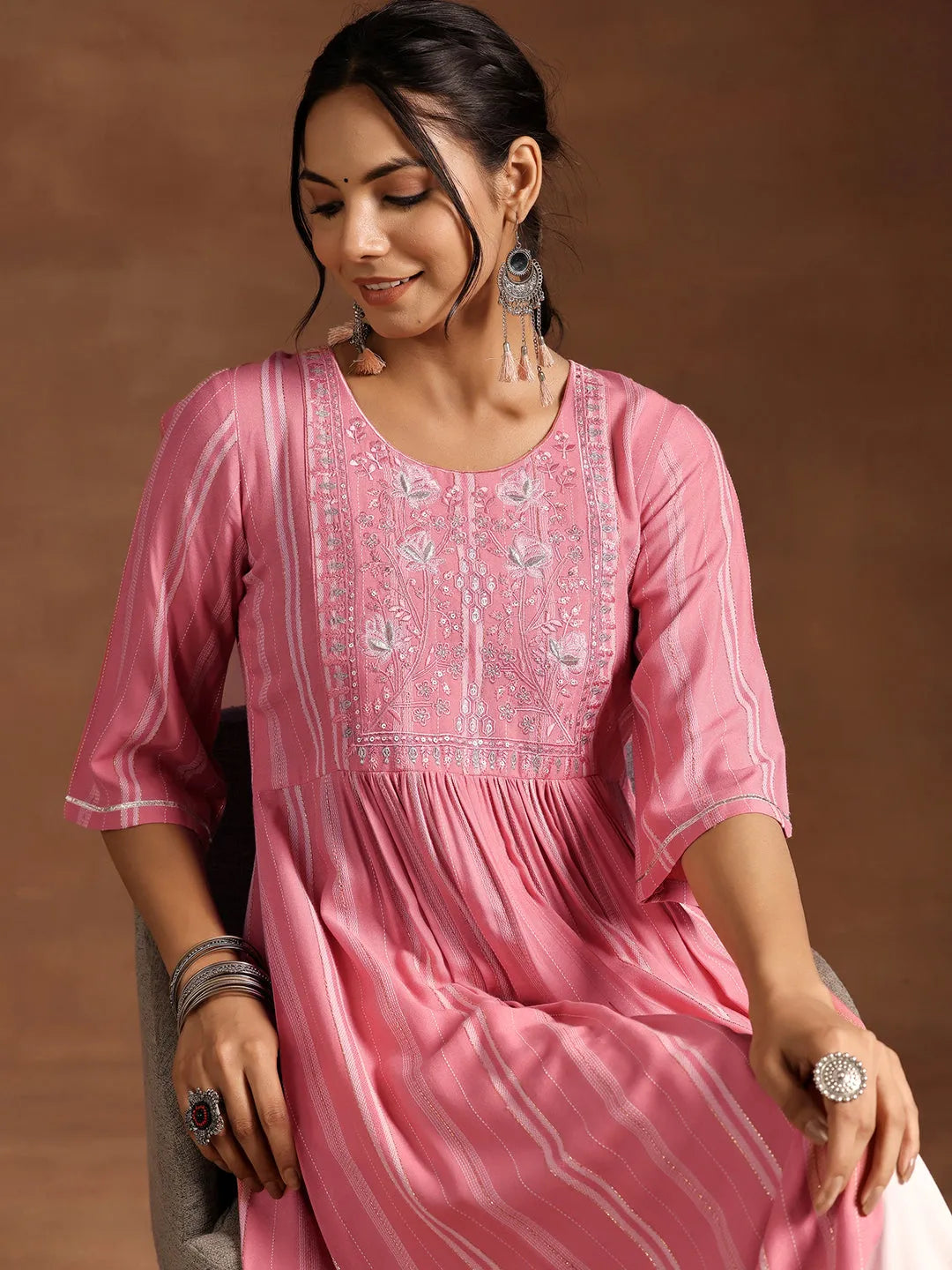  Peach Woven Design Rayon A-Line Kurta 