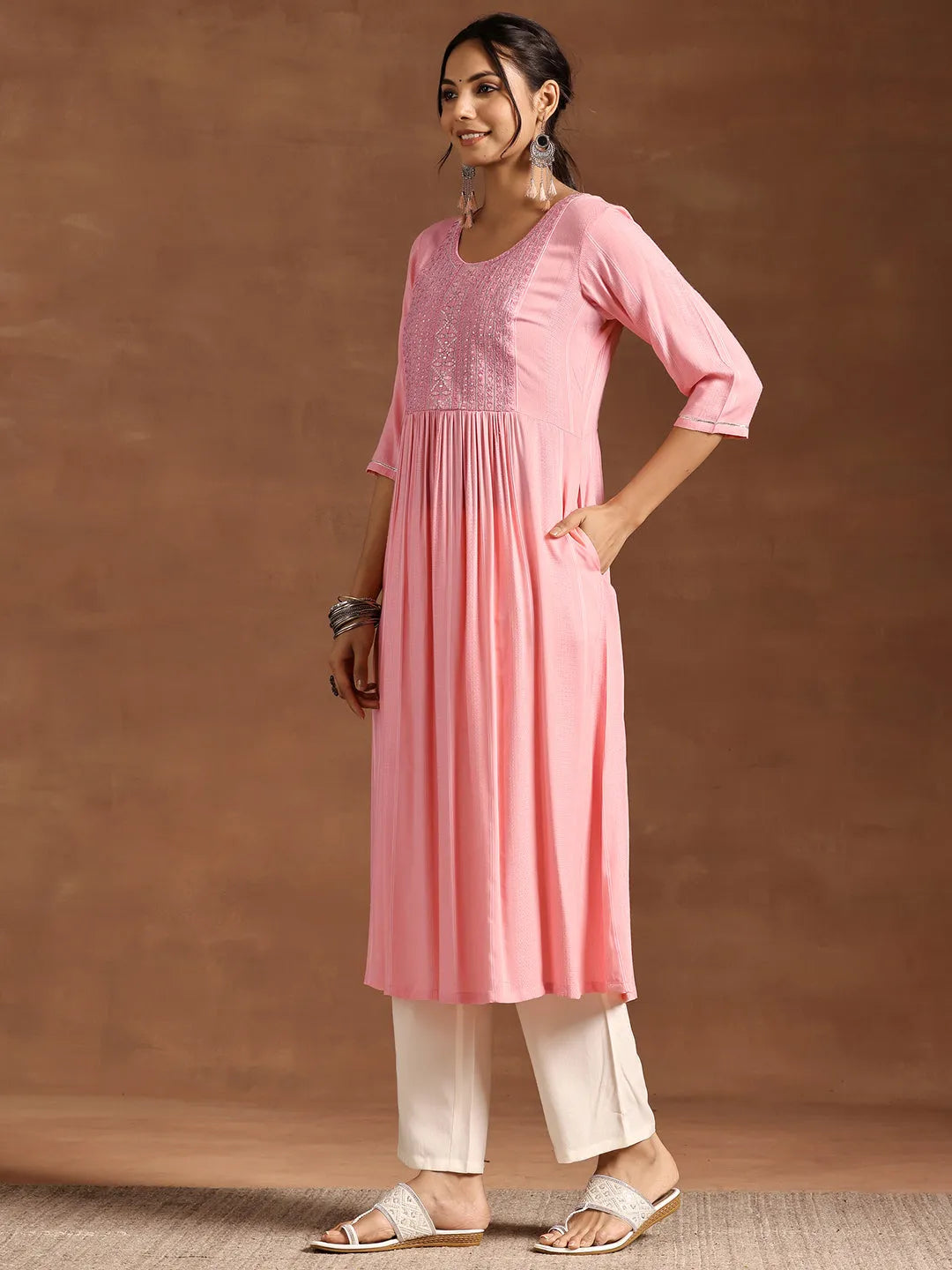  Peach Yoke Design Rayon Anarkali Kurta 