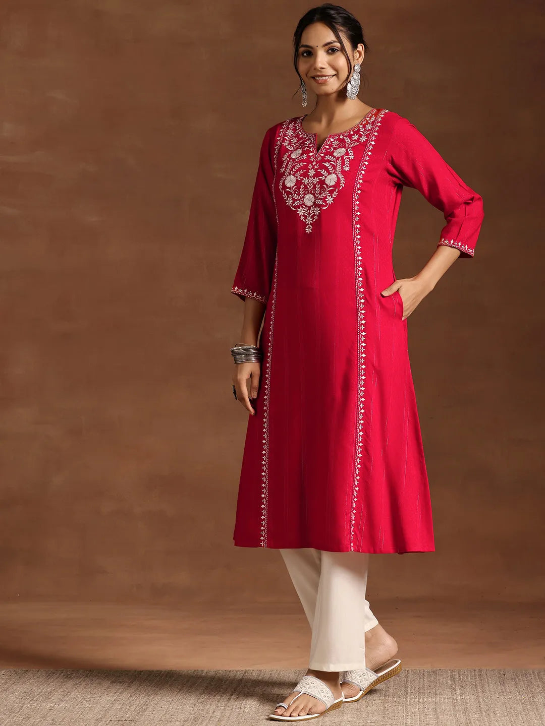  Red Yoke Design Rayon A-Line Kurta 