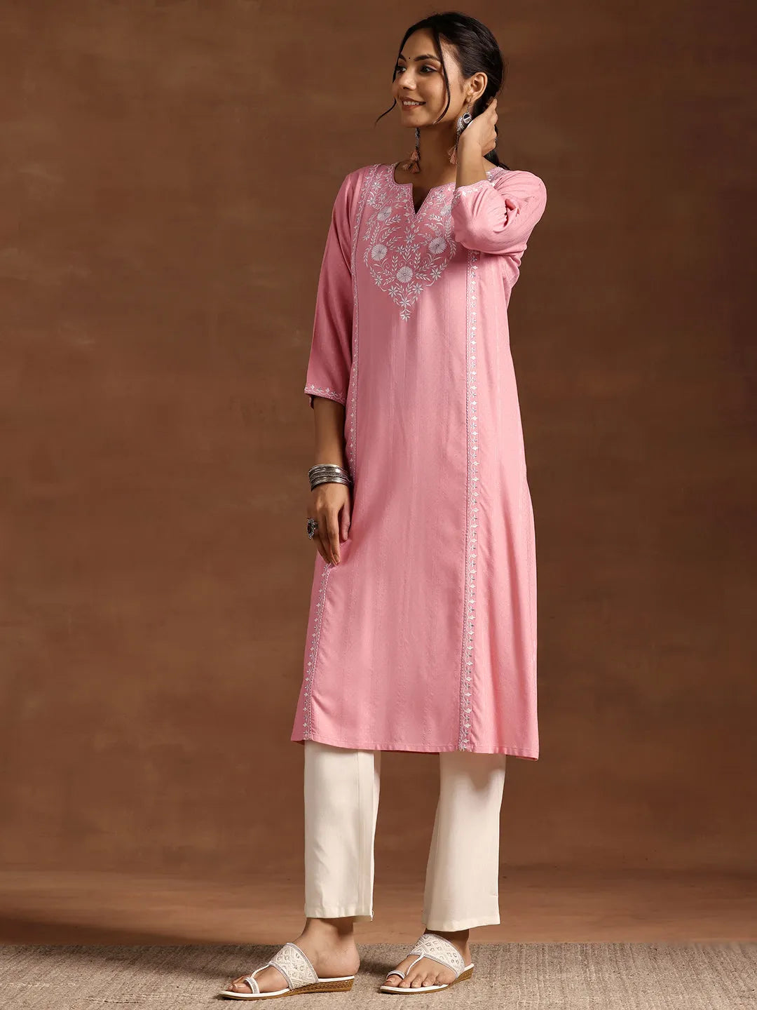  Peach Yoke Design Rayon A-Line Kurta 