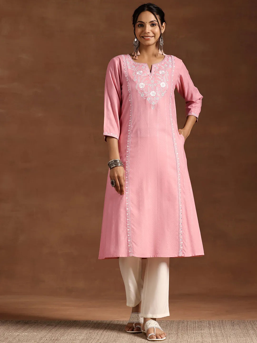  Peach Yoke Design Rayon A-Line Kurta 