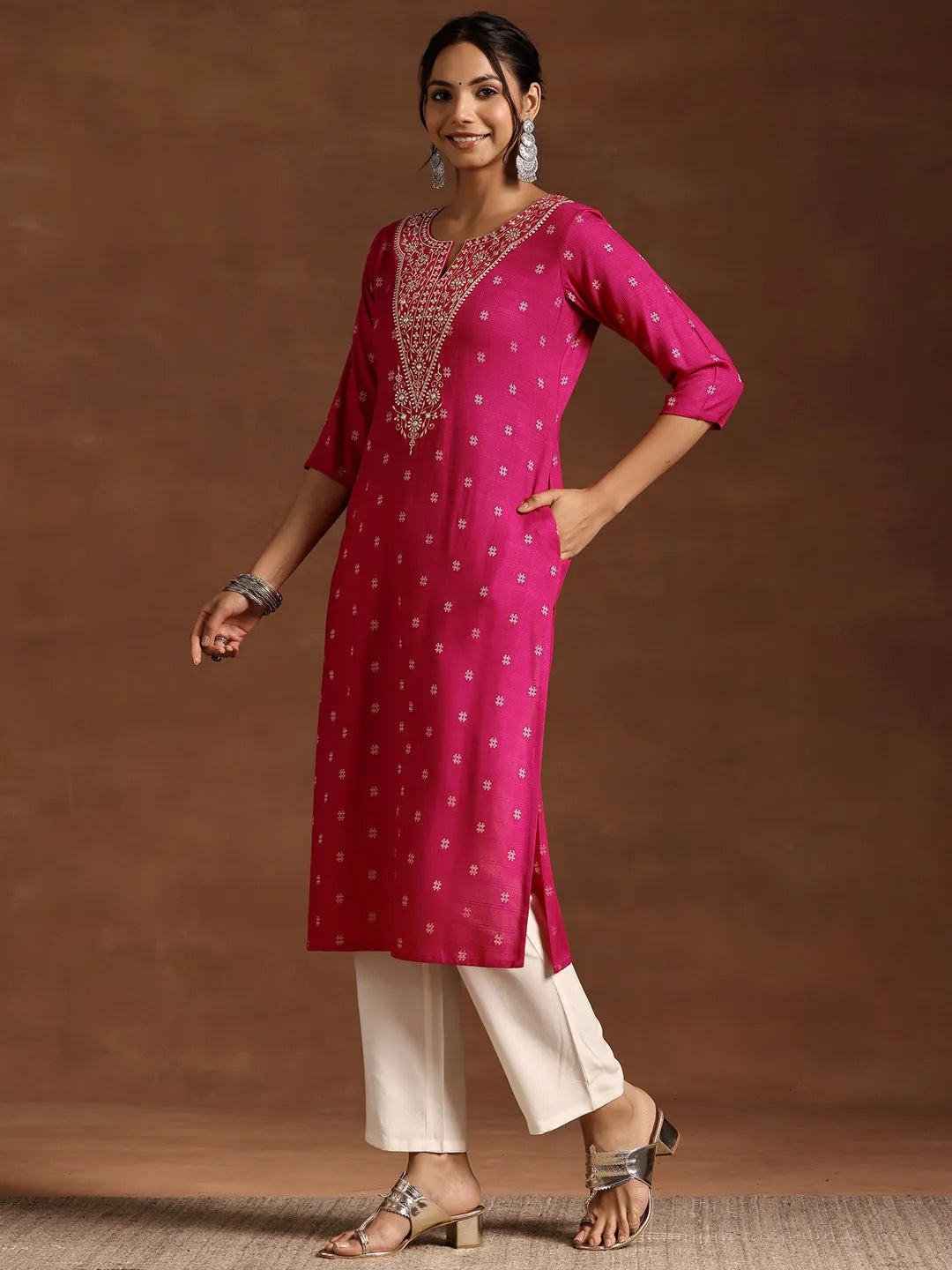  Pink Woven Design Rayon Straight Kurta 