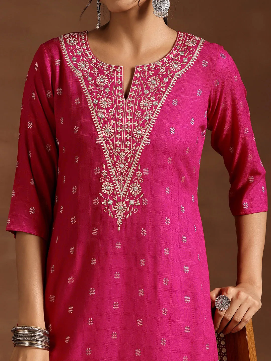  Pink Woven Design Rayon Straight Kurta 