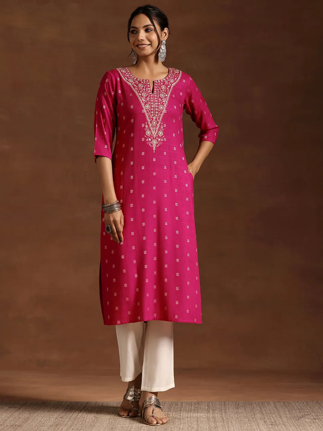  Pink Woven Design Rayon Straight Kurta 