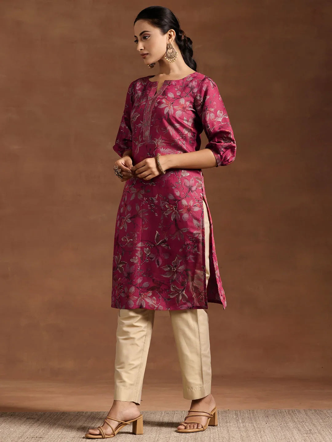  Pink Printed Silk Straight Kurta 