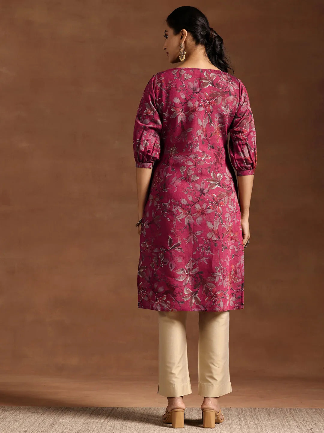  Pink Printed Silk Straight Kurta 