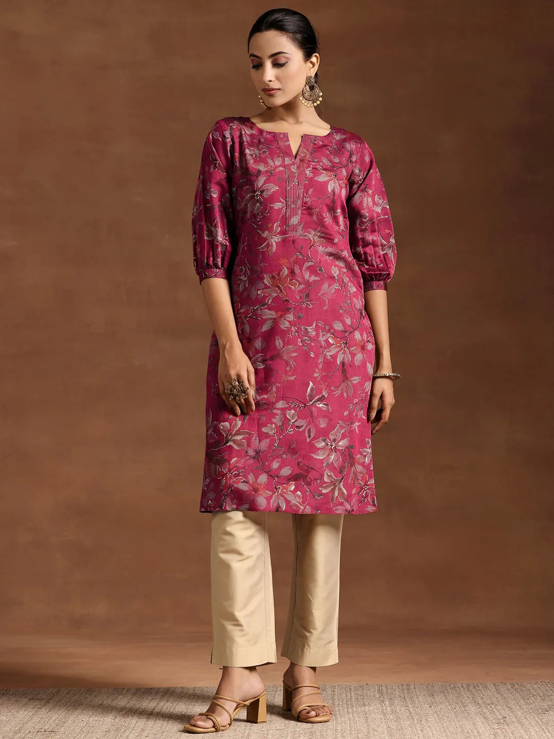  Pink Printed Silk Straight Kurta 