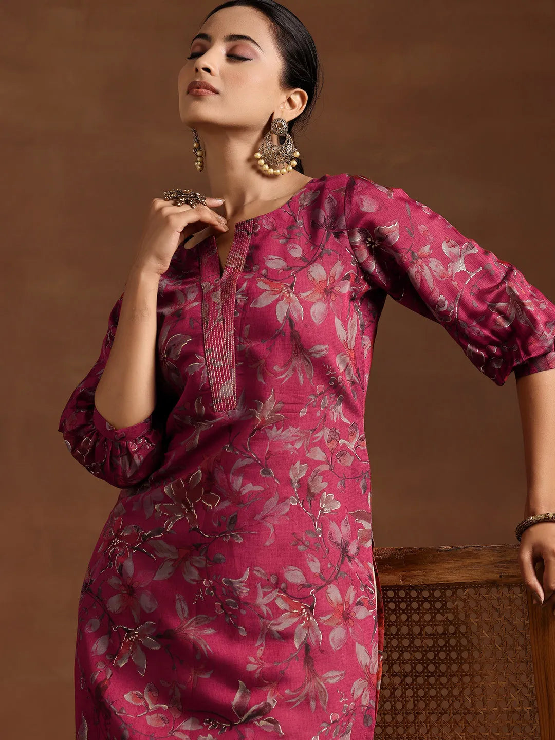  Pink Printed Silk Straight Kurta 