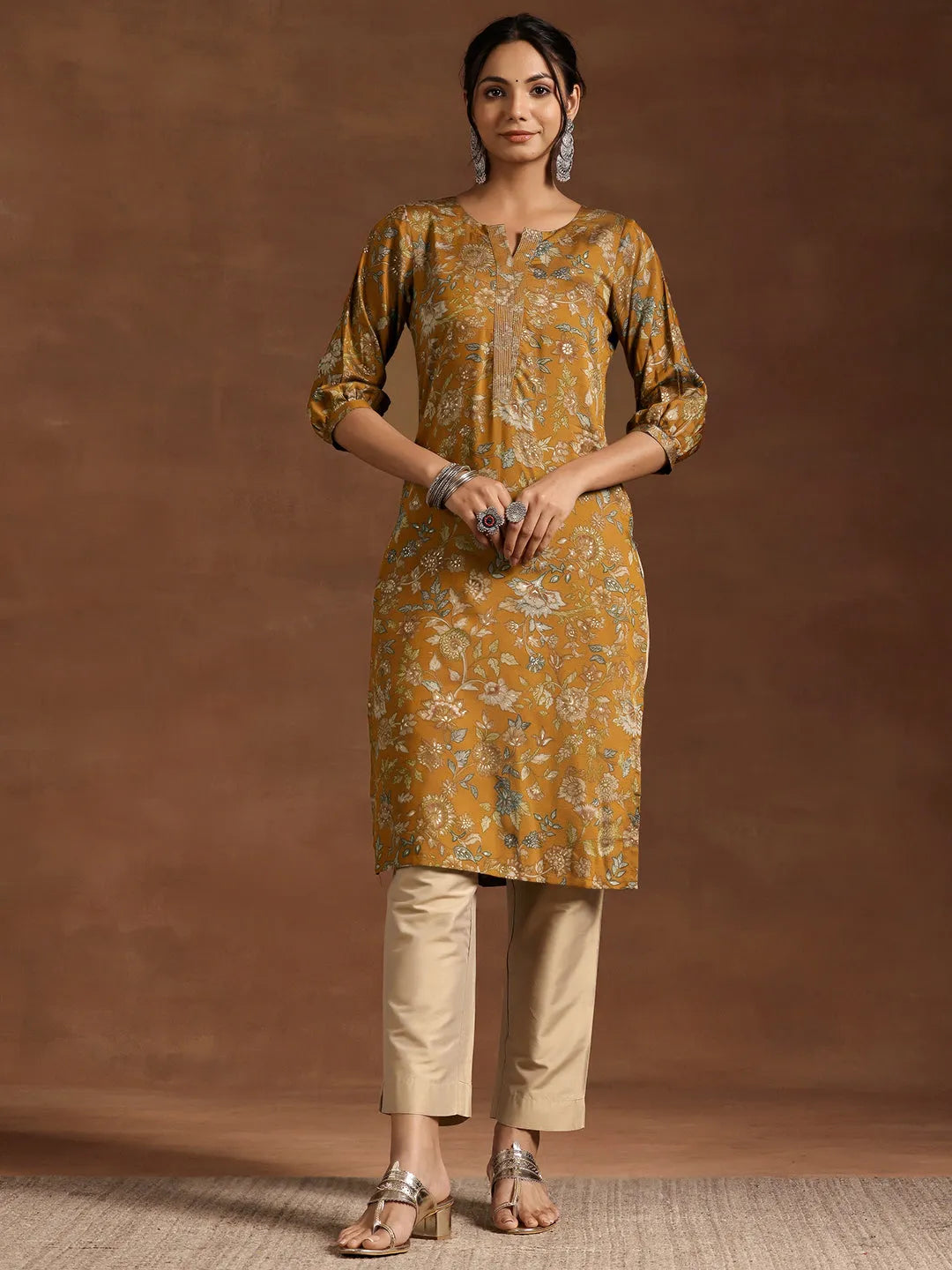  Mustard Printed Silk Straight Kurta 