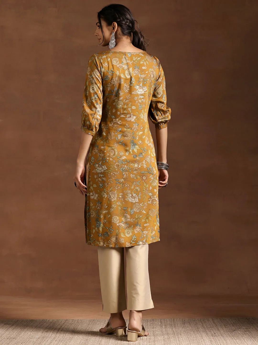  Mustard Printed Silk Straight Kurta 