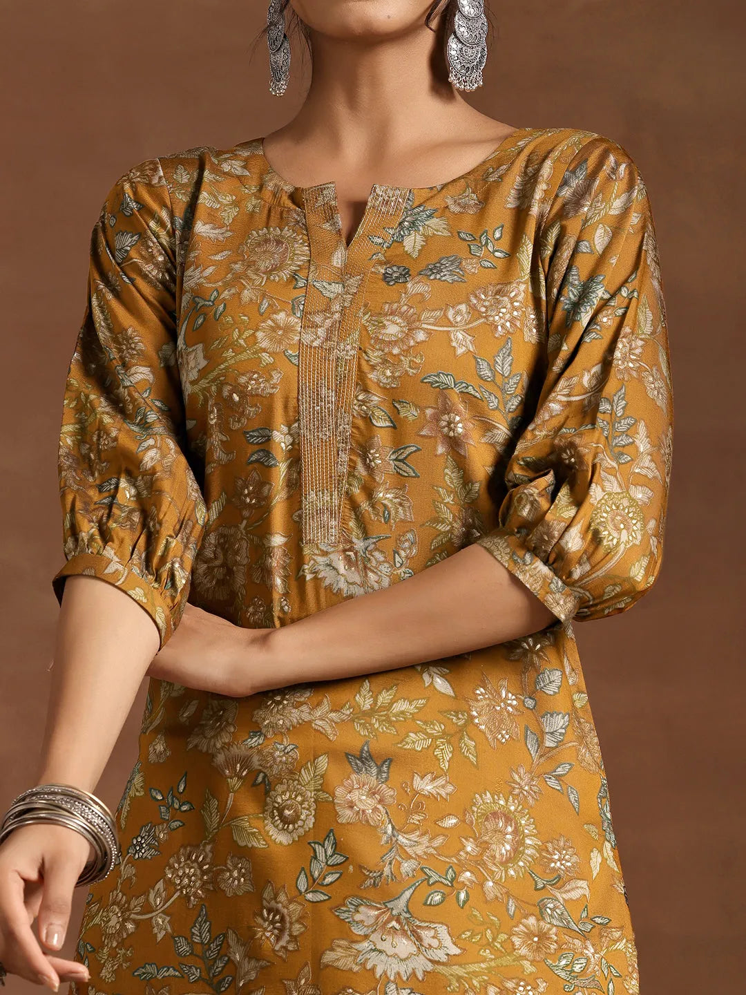  Mustard Printed Silk Straight Kurta 