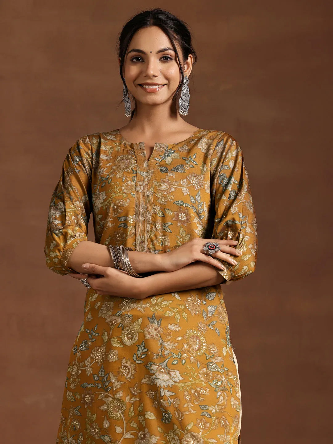  Mustard Printed Silk Straight Kurta 