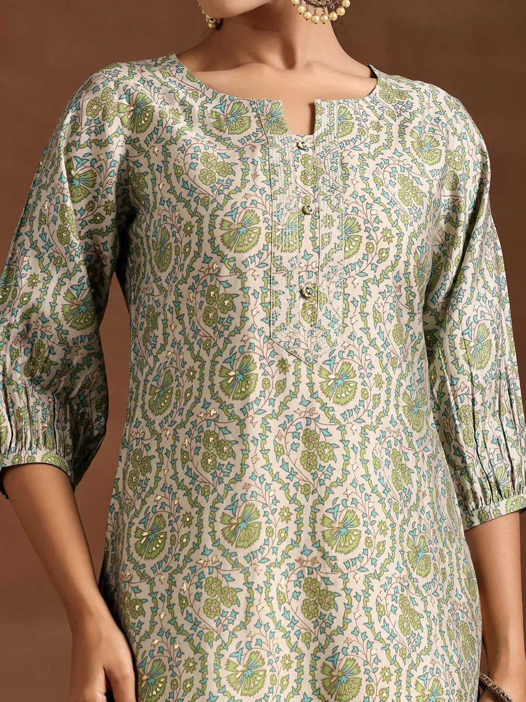  Green Printed Silk Straight Kurta 