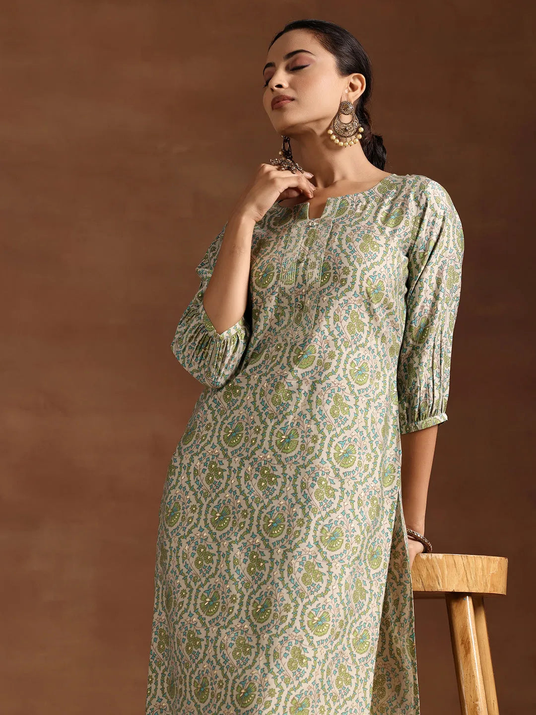  Green Printed Silk Straight Kurta 