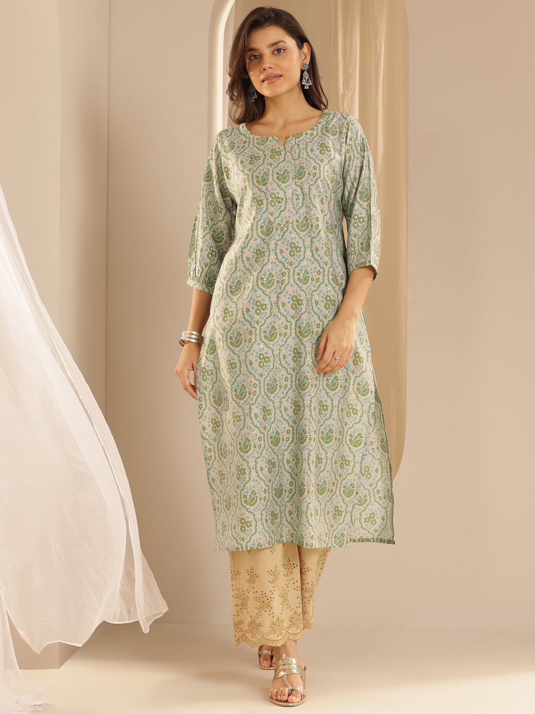  Green Printed Silk Straight Kurta 