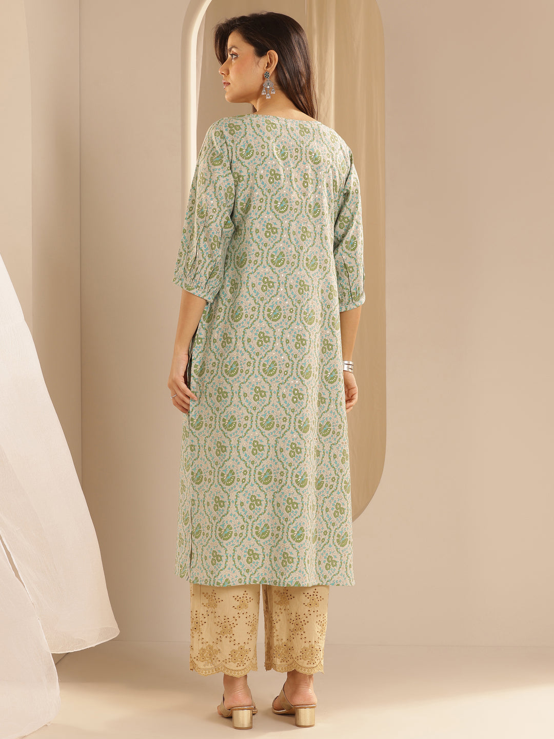  Green Printed Silk Straight Kurta 
