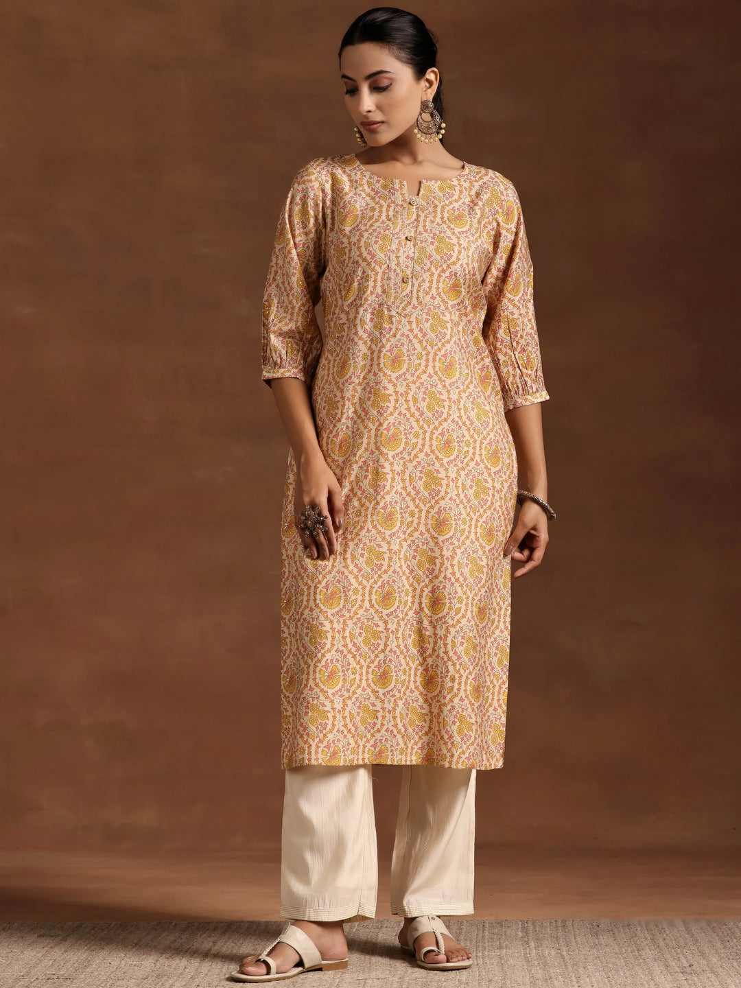  Yellow Printed Silk Straight Kurta 