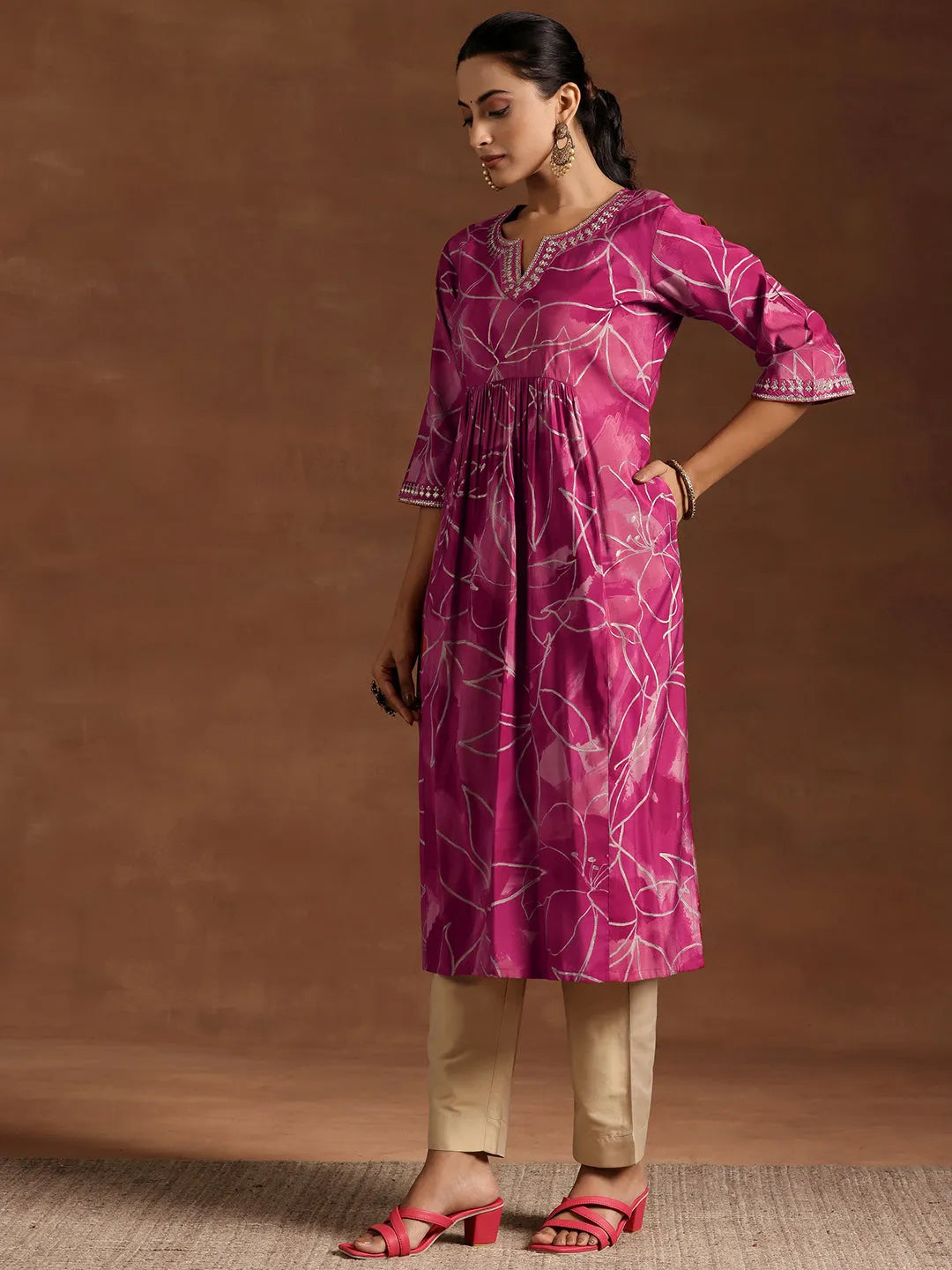  Pink Printed Silk A-Line Kurta 