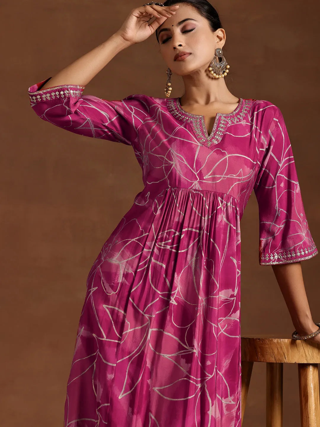 Pink Printed Silk A-Line Kurta 