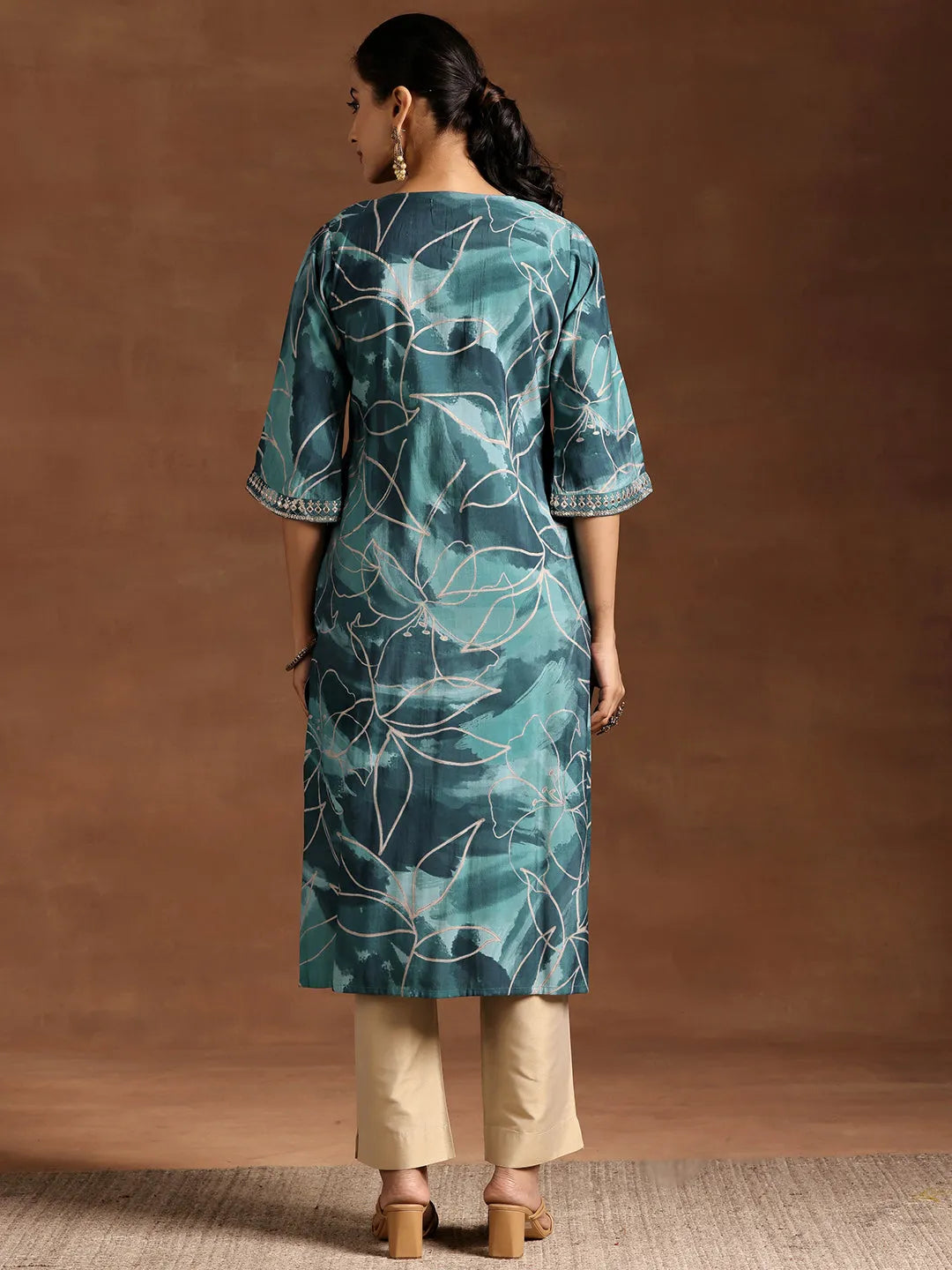  Blue Printed Silk A-Line Kurta 