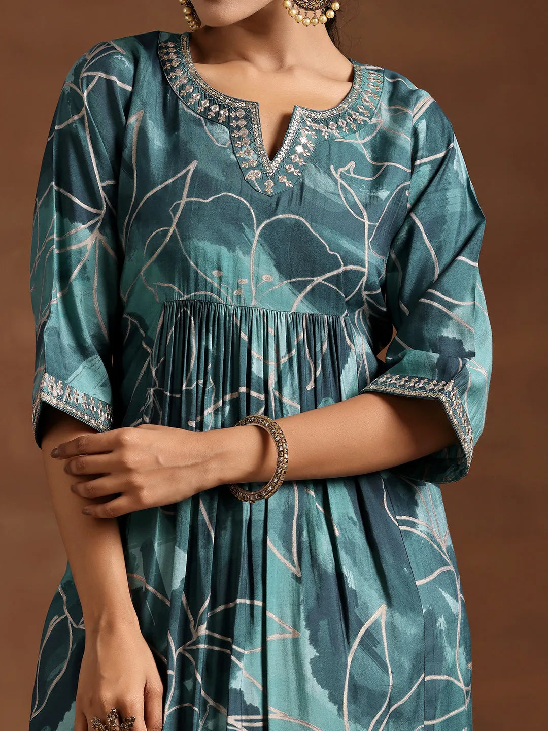  Blue Printed Silk A-Line Kurta 