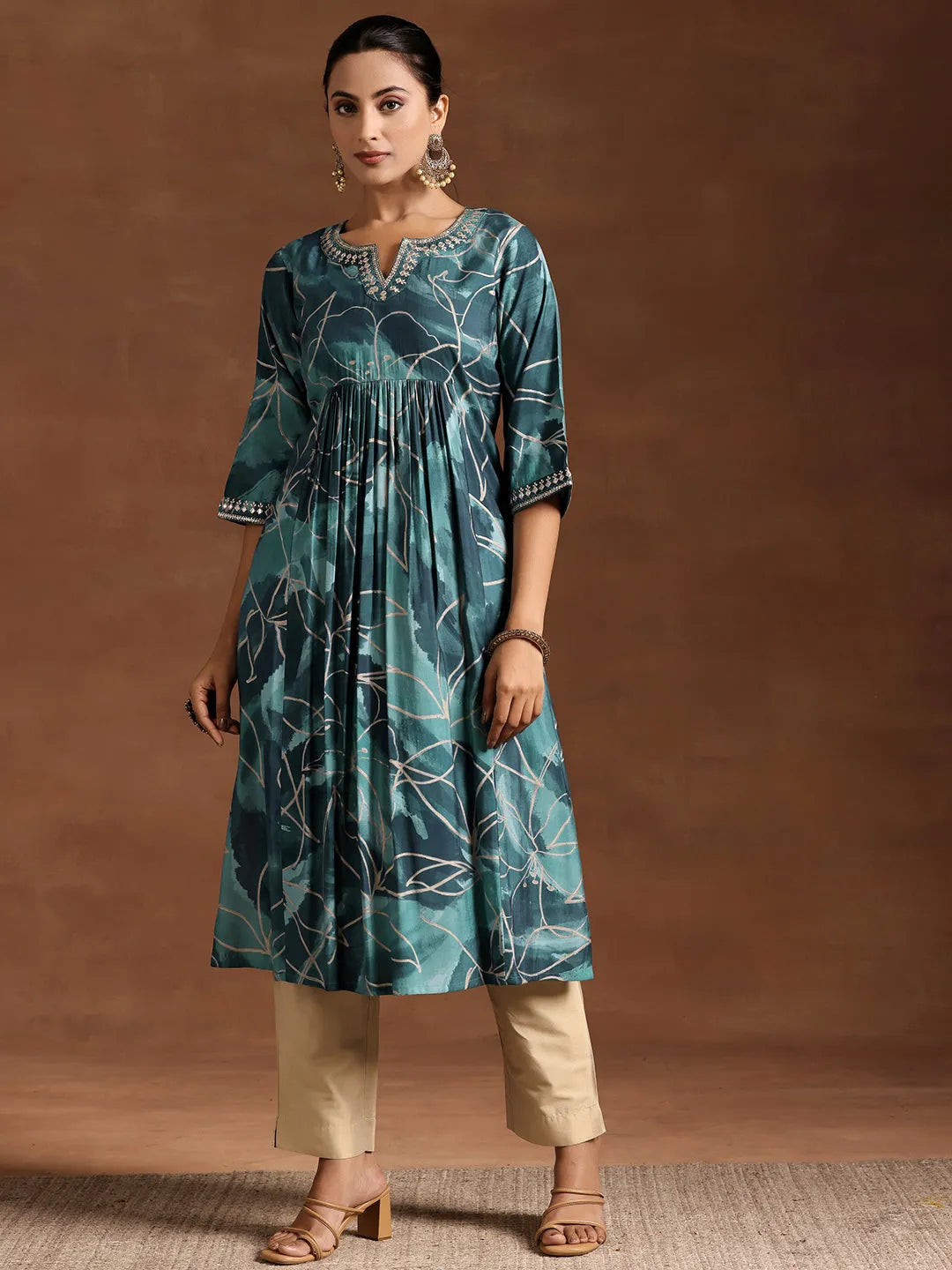  Blue Printed Silk A-Line Kurta 