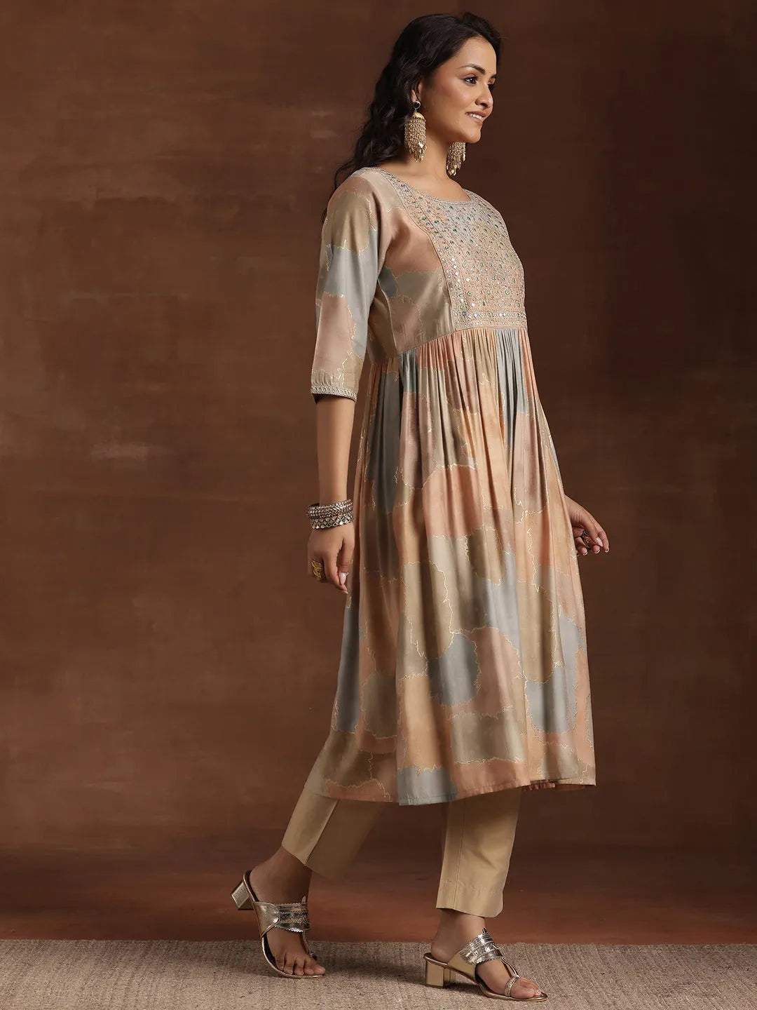  Beige Printed Silk A-Line Kurta 
