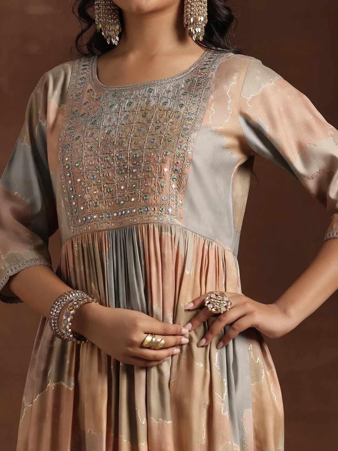  Beige Printed Silk A-Line Kurta 